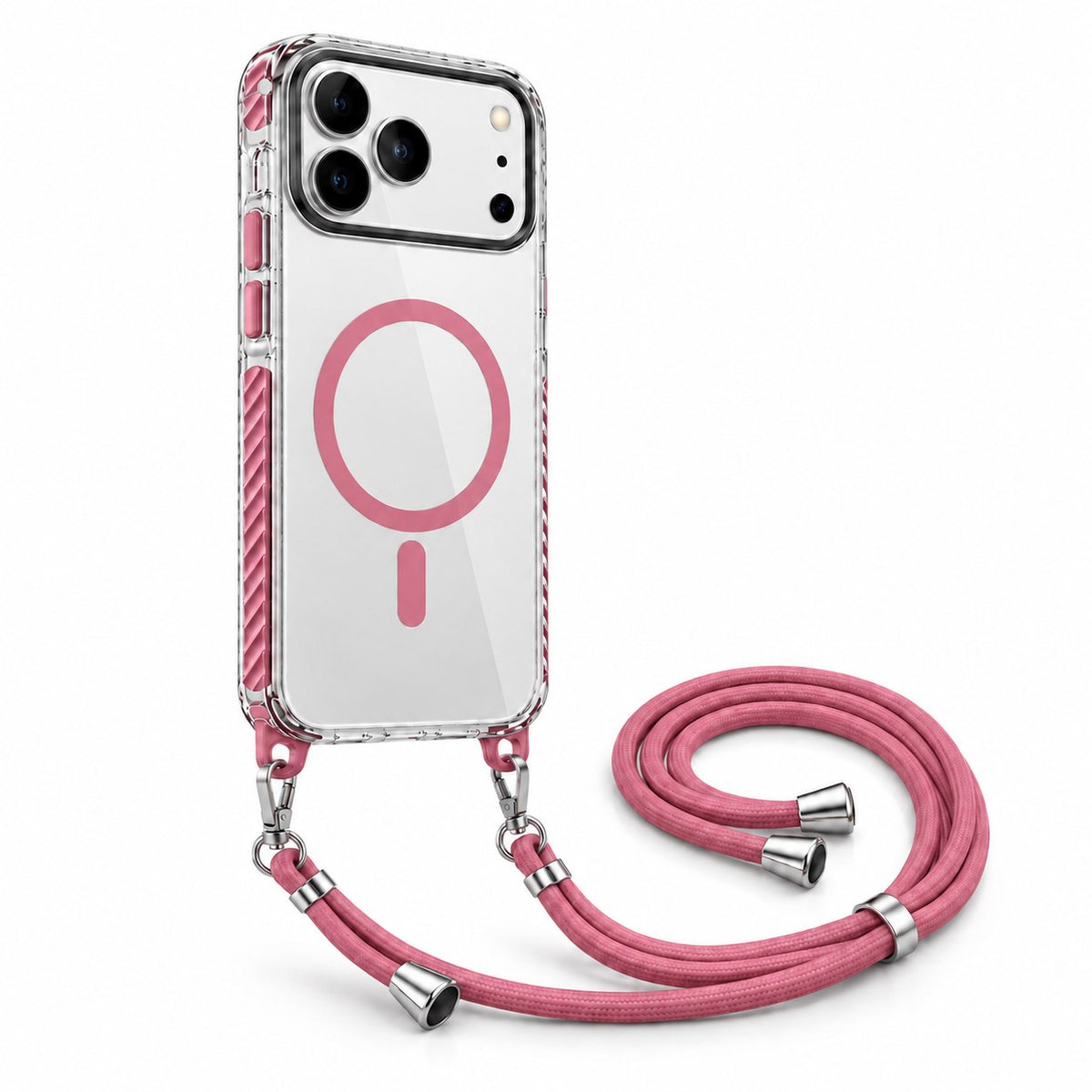 Husă MagSafe transparentă cu șnur pentru iPhone17 ProMax, Roz