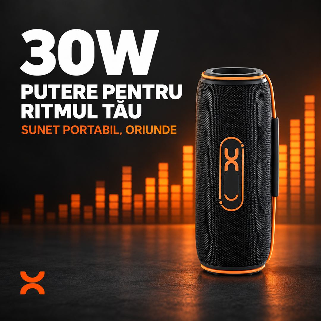 Boxă Portabilă Bluetooth 5.3, 30W, RGB, Baterie 1800 mAh, Autonomie 8 Ore, Microfon, Mâner, Negru/Portocaliu