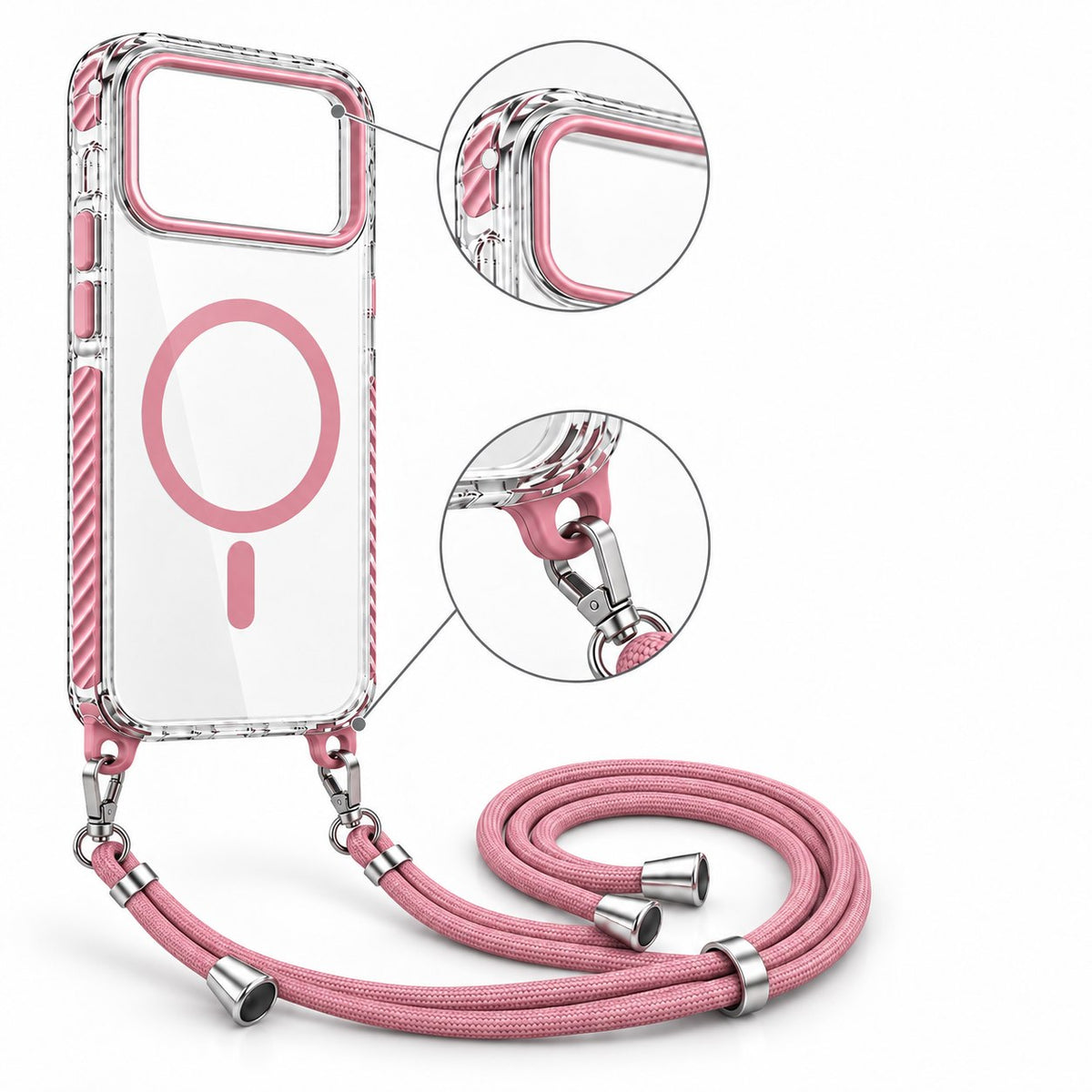 Husă MagSafe transparentă cu șnur pentru iPhone17 ProMax, Roz
