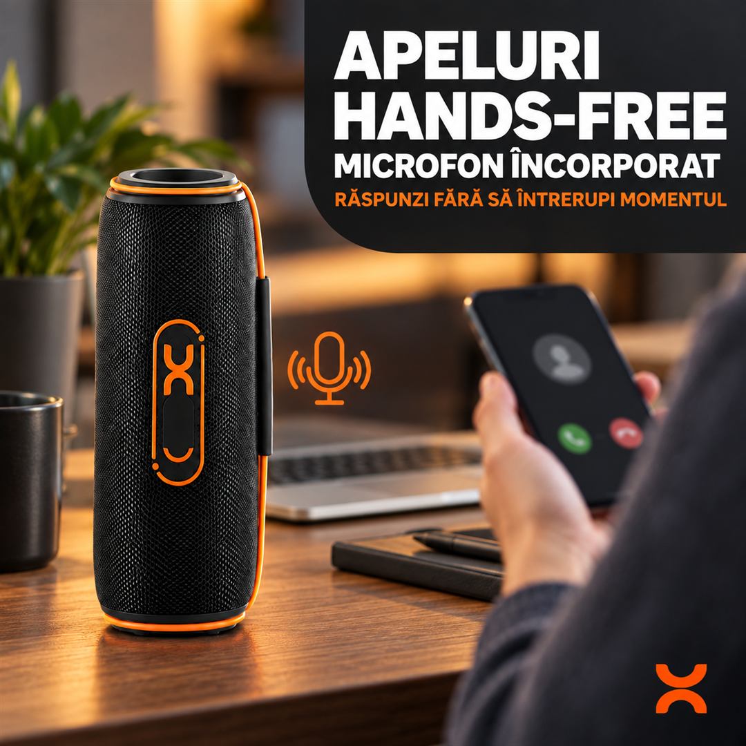 Boxă Portabilă Bluetooth 5.3, 30W, RGB, Baterie 1800 mAh, Autonomie 8 Ore, Microfon, Mâner, Negru/Portocaliu