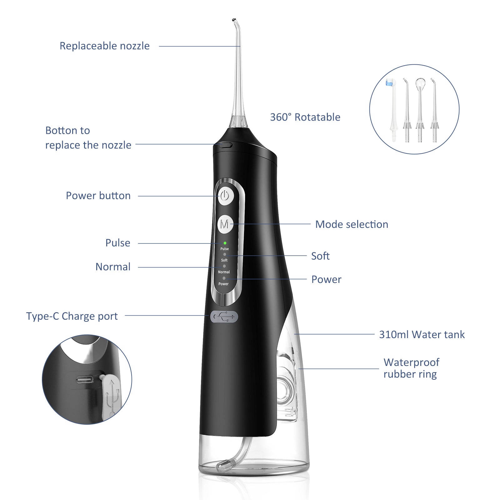 Irigator Oral Profesional, Dus Bucal Portabil, Rezervor 310ml, 4 Duze, Negru
