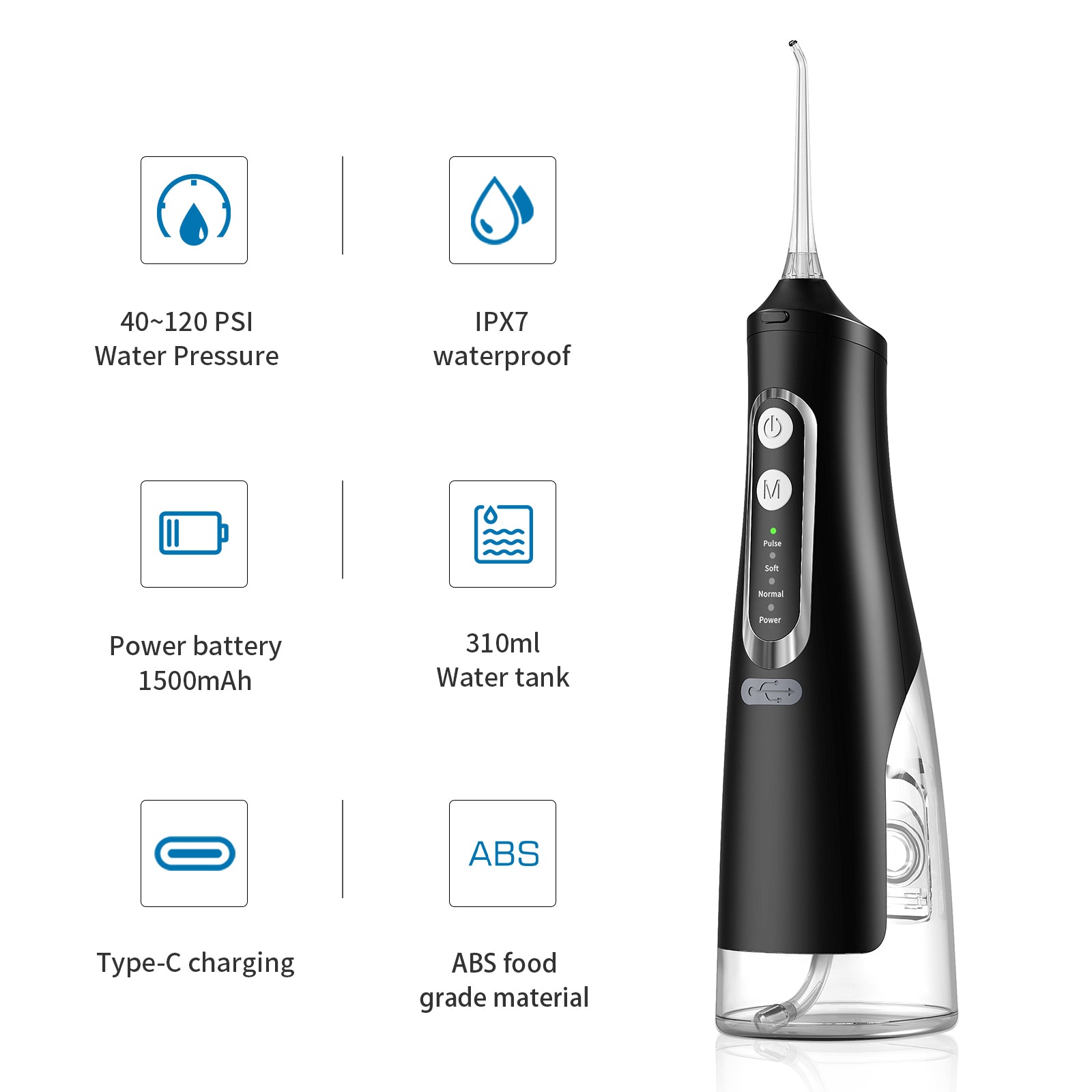 Irigator Oral Profesional, Dus Bucal Portabil, Rezervor 310ml, 4 Duze, Negru