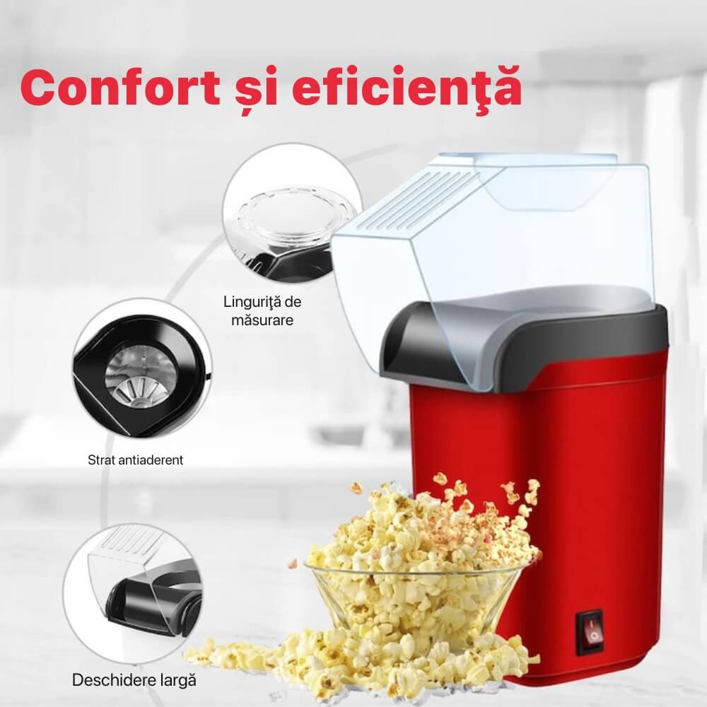 Aparat cu Aer Cald de facut Popcorn DigikalaX®, fara Ulei, 3min Preparare 1200W, Recipient dozator Boabe, Rosu