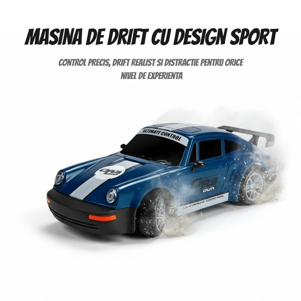 Masinuta cu Telecomanda, Porsche Vintage RC Drift Car, 1:24, 2.4GHz, 20 km/h, Tractiune Integrala, 2 Seturi Anvelope (Speed & Drift), Obstacole Incluse, Baterie Reincarcabila, Albastru