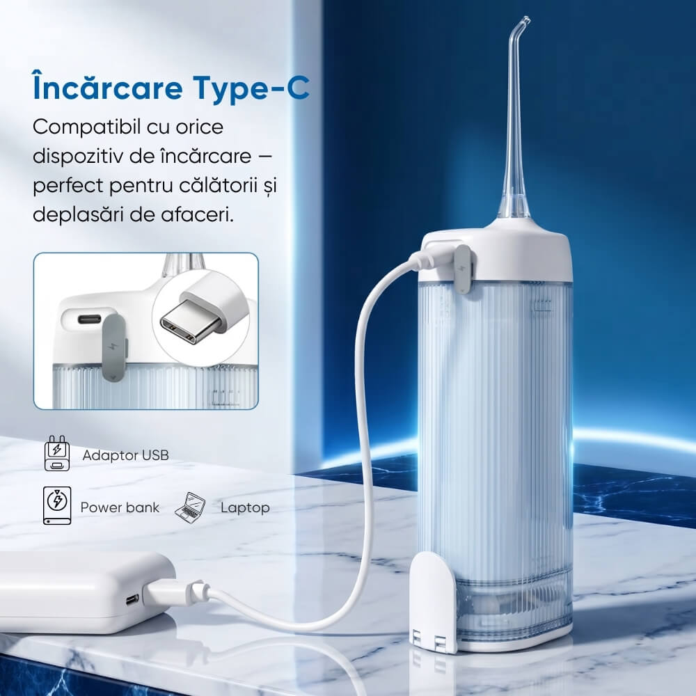 Irigator Bucal Profesional tip Dus Bucal Portabil DrKala® ProClean Go, pliabil, 4 moduri de curatare, pana la 1999 pulsatii/min, rezervor 210 ml, baterie 1500 mAh, 4 capete incluse, Rezistent la apa IPX7, incarcare USB-C, Alb