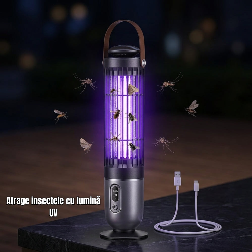 Lampa UV Anti Tantari si Insecte Reincarcabila USB, Electrica cu Lumina UV 360°, Portabila pentru Interior si Exterior, Afisaj Digital LED, Silentioasa, Negru/Argintiu