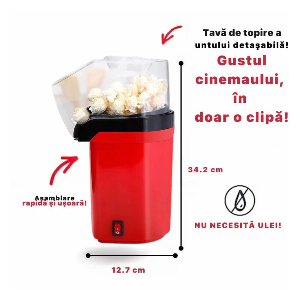 Aparat cu Aer Cald de facut Popcorn DigikalaX®, fara Ulei, 3min Preparare 1200W, Recipient dozator Boabe, Rosu