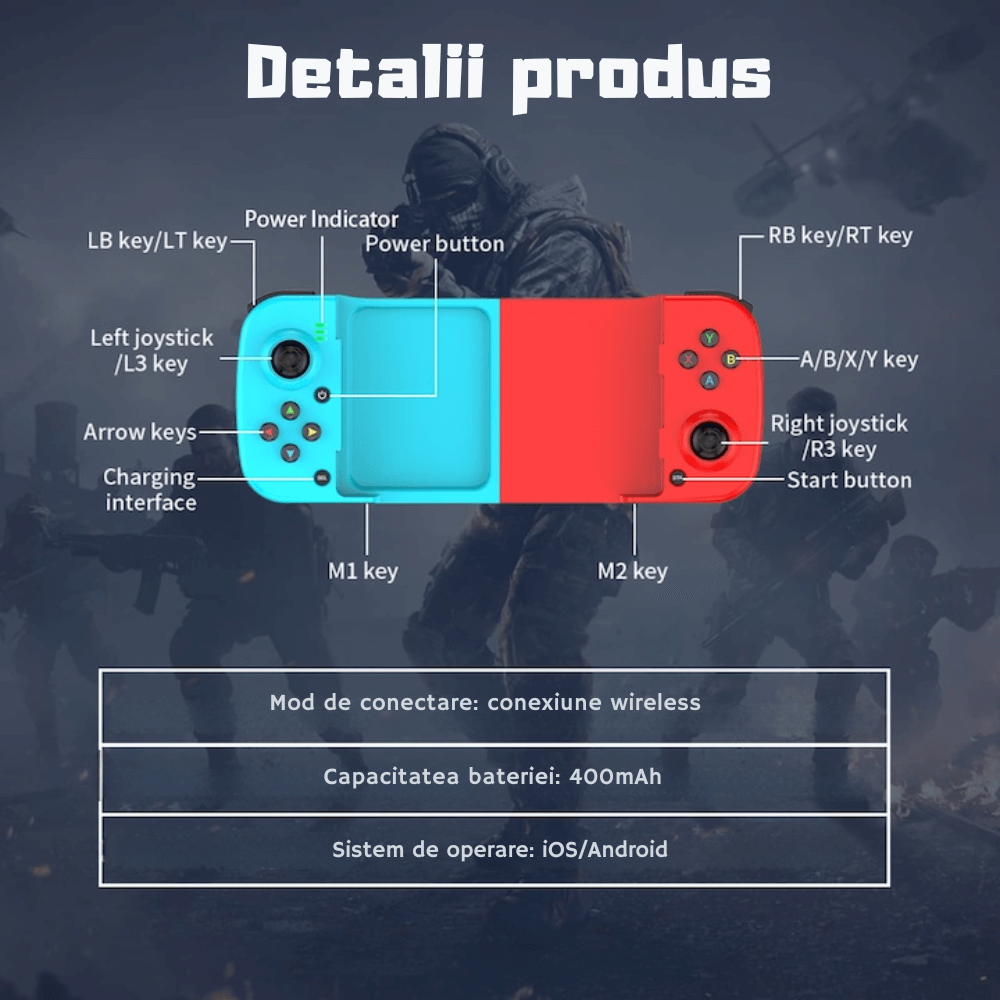GamePad Controller Gaming pentru telefon Android, iOS, PC, PS, Nintendo, Bluetooth 5.0, Wireless, Albastru/Rosu