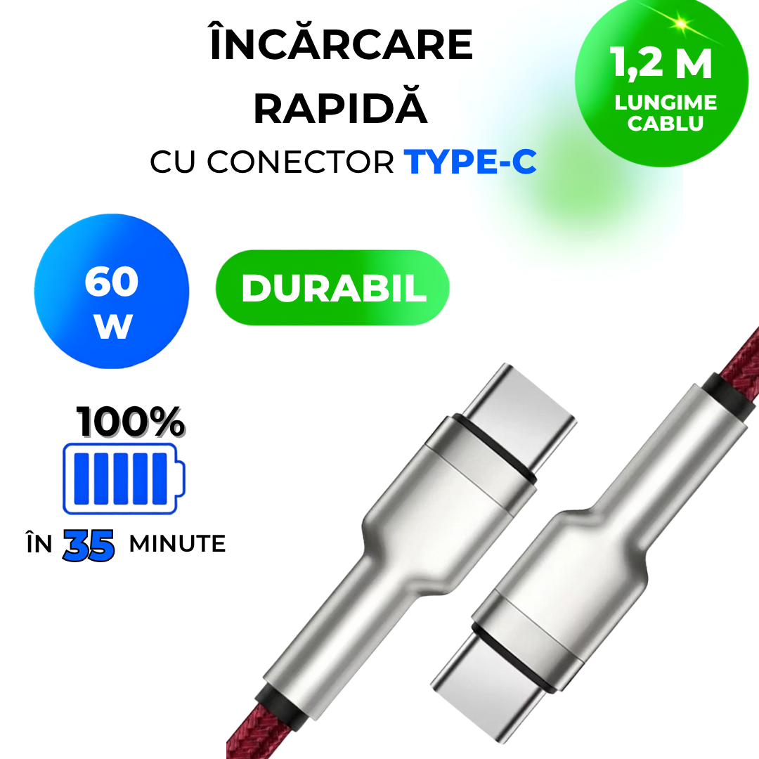Cablu de Date și Încărcare Rapidă Type-C la Type-C, Putere 60W, Lungime 1.2m, Textil Flexibil Rezistent, Conectori Aliaj Zinc, Roșu/Argintiu