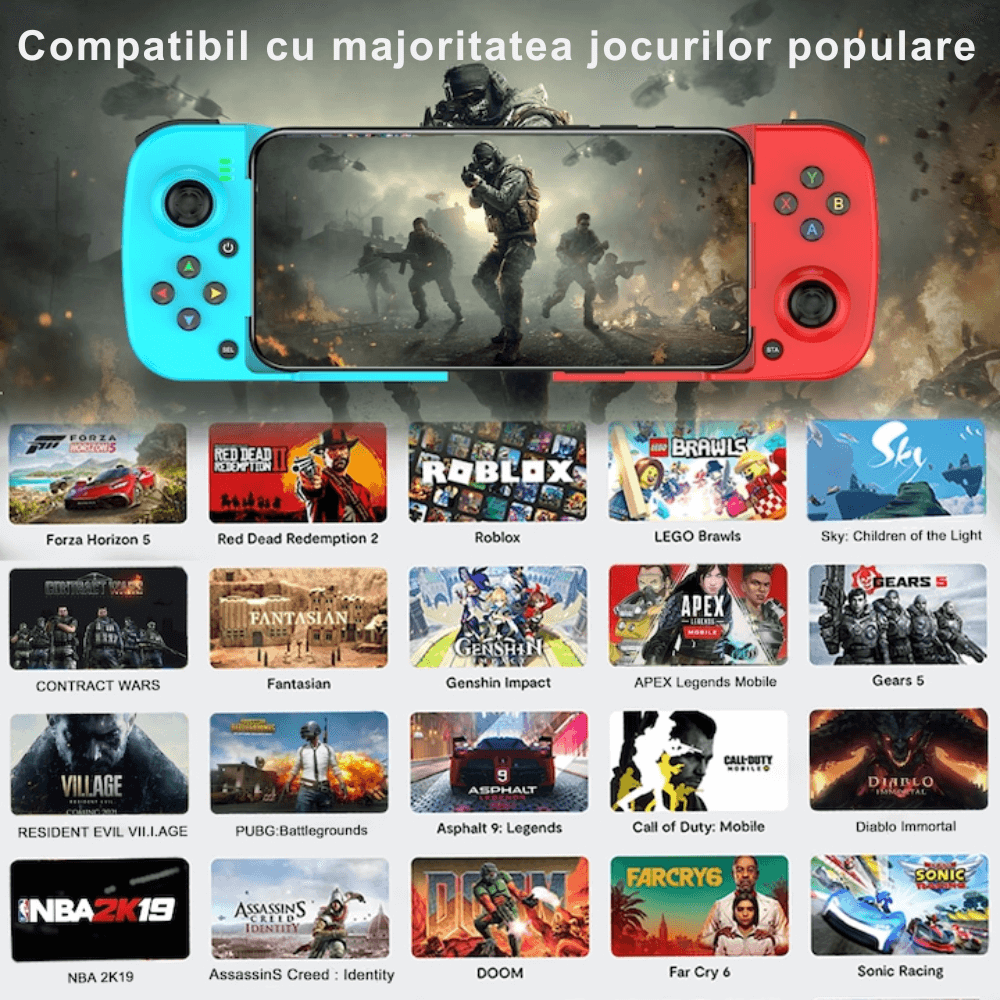 GamePad Controller Gaming pentru telefon Android, iOS, PC, PS, Nintendo, Bluetooth 5.0, Wireless, Albastru/Rosu