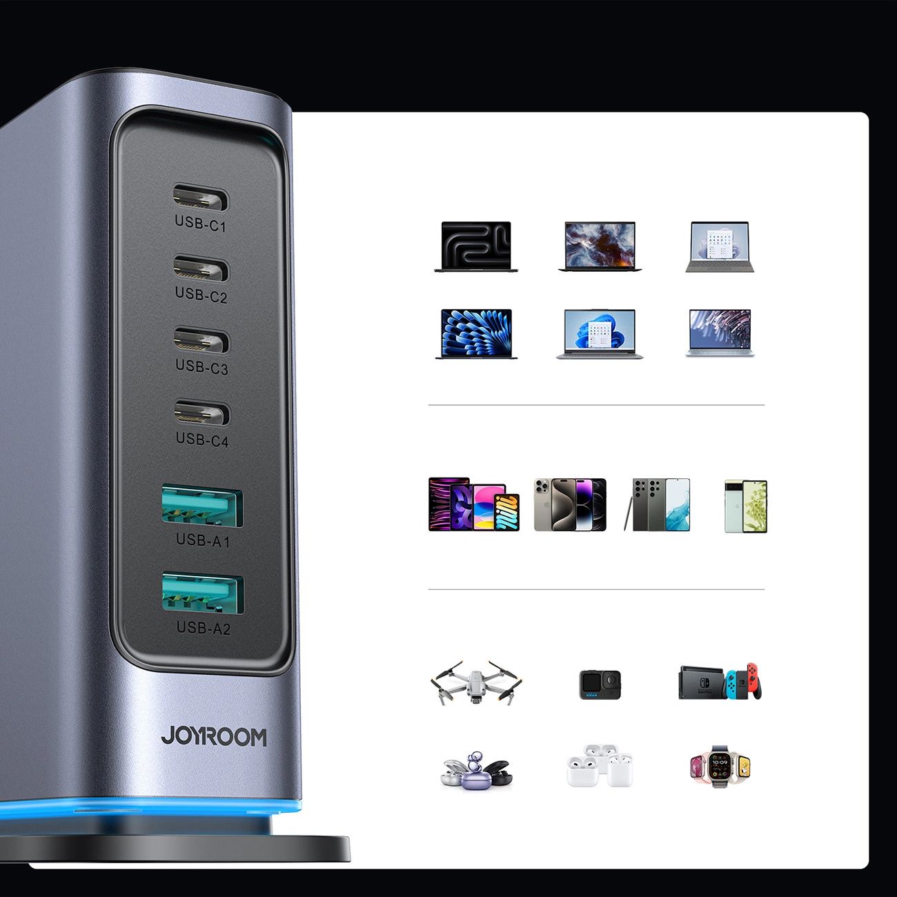 Joyroom JR-TCM02 Multi-Port Charger, QC 3.0, MultiHub, Cablu retea, Gri