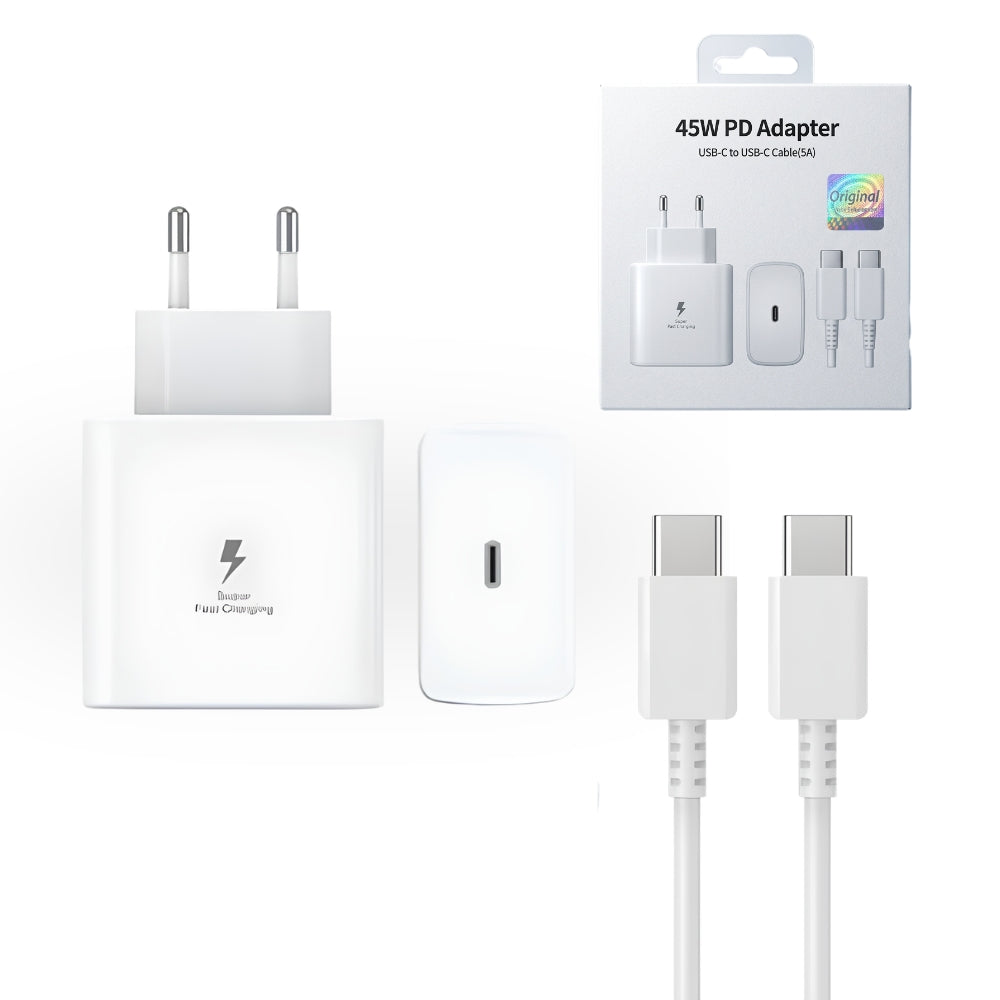 Incarcator Rapid 45W USB-C Fast Charge + Cablu Type-C 1m, Super Fast Charging, Compatibil Iphone, Samsung Galaxy S24 Ultra/S23 Ultra/S22/Note20, Huawei, Xiaomi, Android, Alb