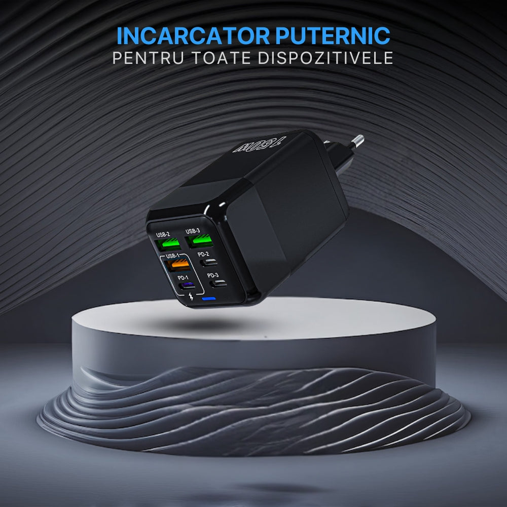 Incarcator Adaptor Retea, 6 porturi, 3 x USB, 3 x Type-C, 150W Fast Charge, LED, Negru