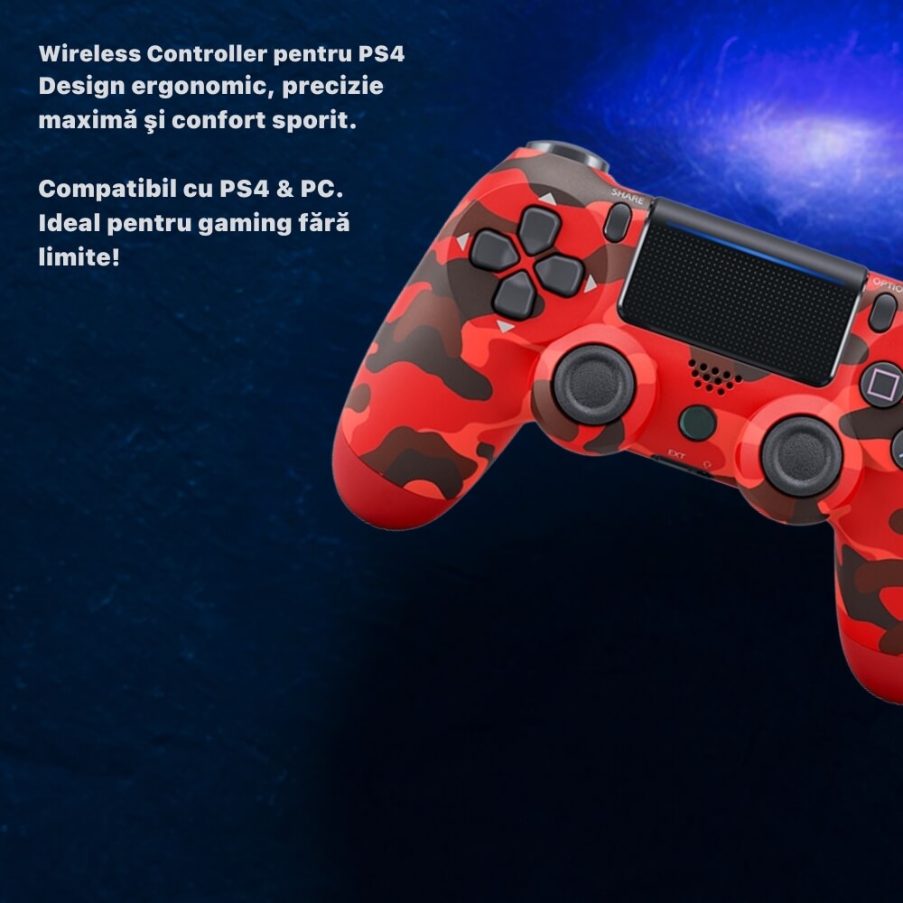 Controller Wireless Doubleshock Joystick, Compatibil PS4/Pro/Slim, Touchpad, Rosu Army