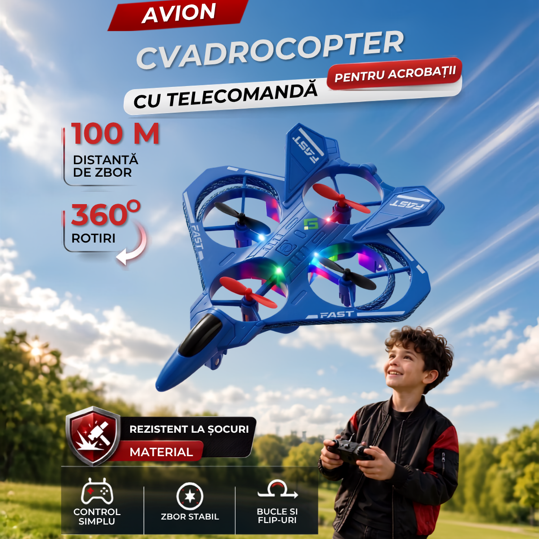 Dronă Tip Avion de Luptă Cvadrocopter, Telecomandă 2.4 GHz, Acrobații 360°, Zbor 100m, Iluminare LED, Material EPP Super-Rezistent, Albastru