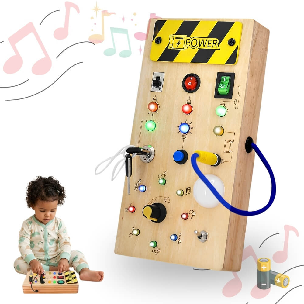 Jucarie Montessori Busy Board cu LED, Placa Senzoriala Educativa pentru Copii, Activitati Motricitate Fina, Lemn, Multicolor