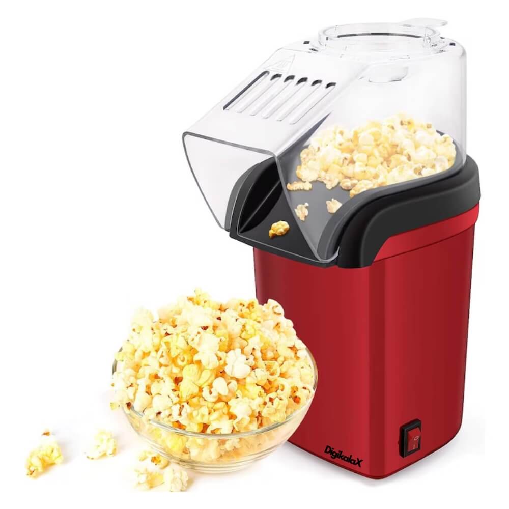 Aparat cu Aer Cald de facut Popcorn DigikalaX®, fara Ulei, 3min Preparare 1200W, Recipient dozator Boabe, Rosu