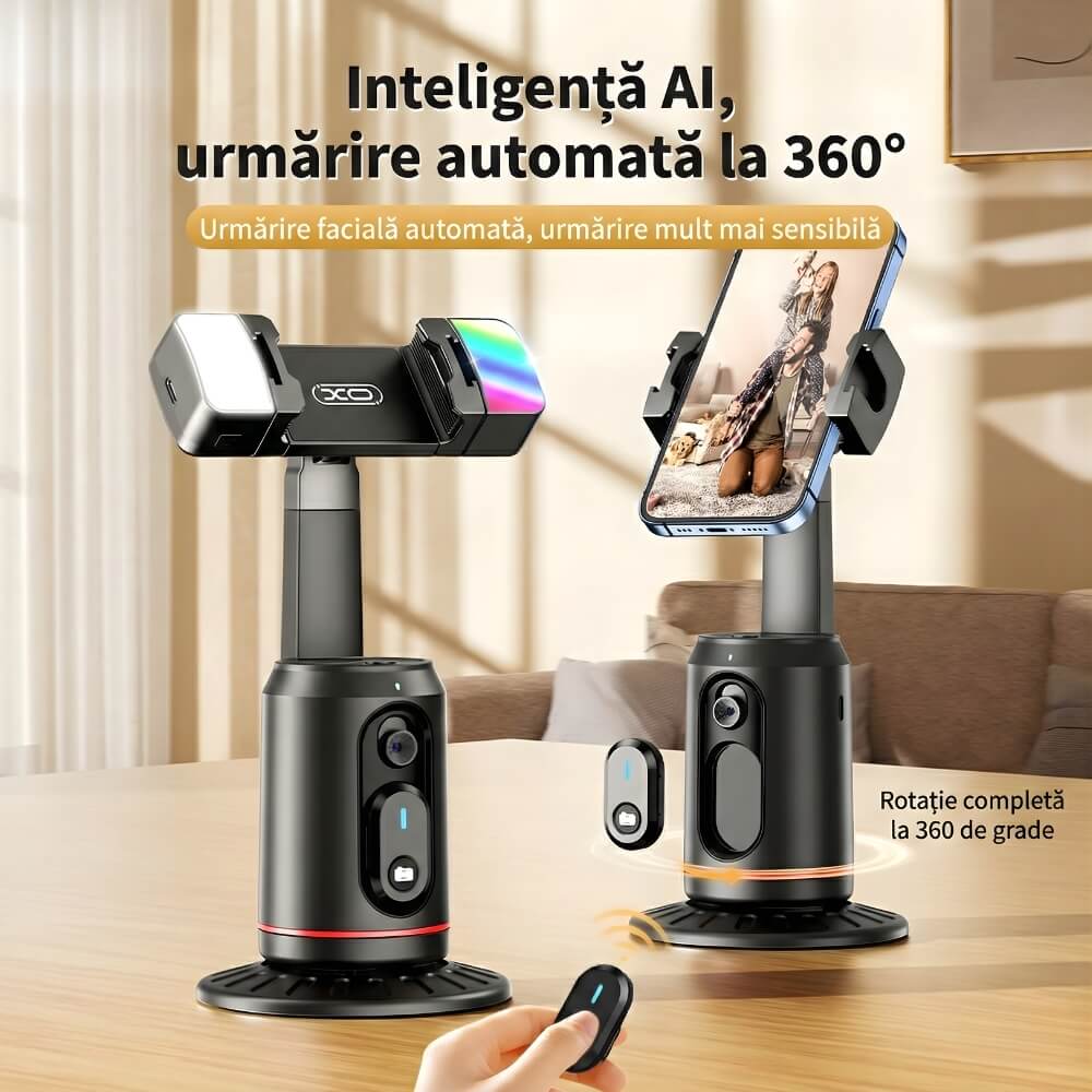 Suport Telefon Gimbal AI cu Urmarire Faciala Automata, Rotire 360, Lumini LED Fill Light, Bluetooth 5.2, Stabilizator Vlog & TikTok, Negru
