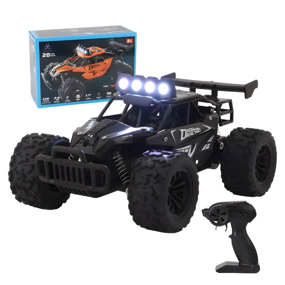 Mașinuță cu Telecomandă RC Off-Road 1:16, Viteză 20 km/h, Roți Mari All-Terrain, Lumini/Proiectoare LED, Telecomandă Tip Pistol, Acumulator Reîncărcabil Inclus, Jucărie pentru Copii 5+ Ani, Negru