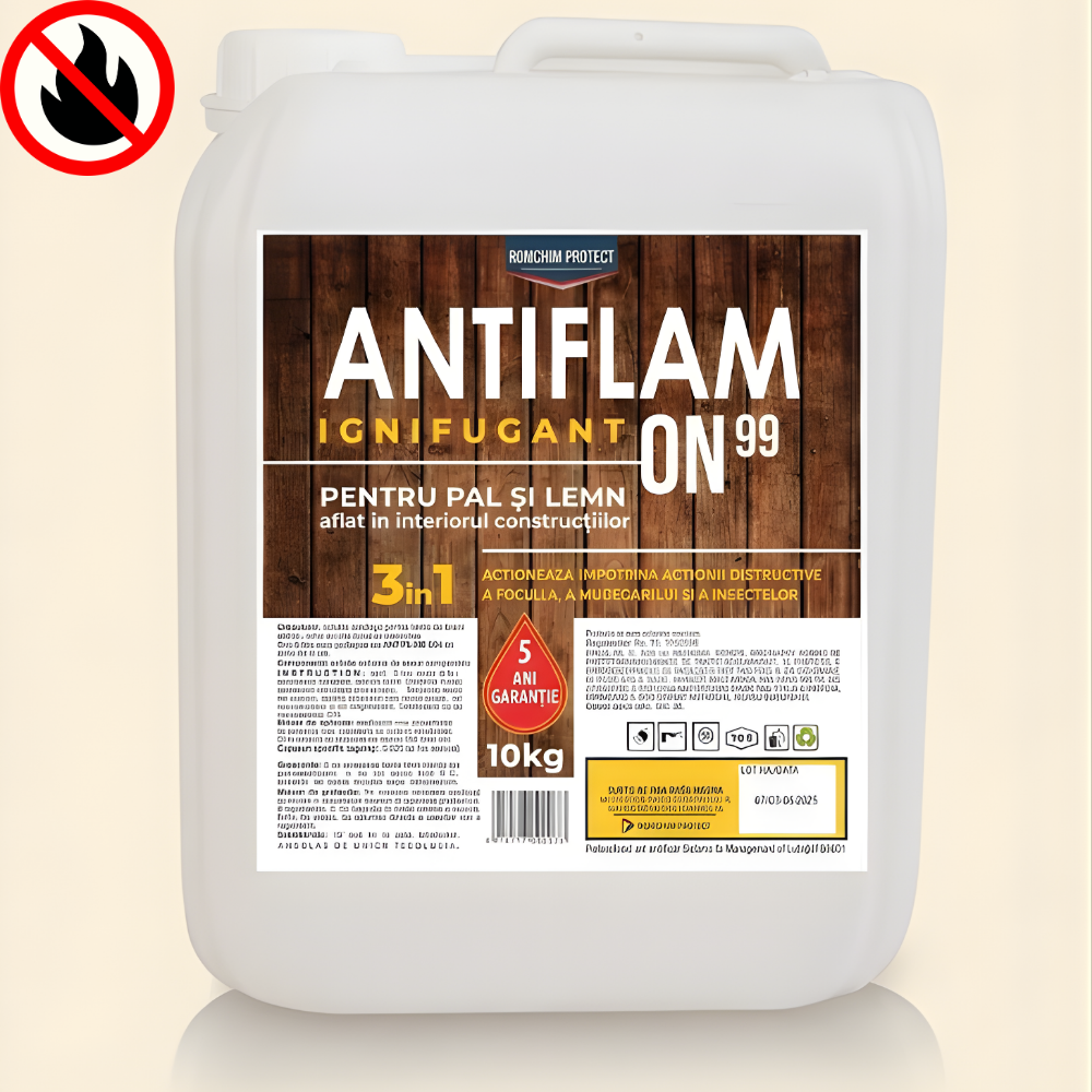 Solutie Profesionala Ignifuga ANTIFLAM O.N. 99 pentru Lemn si PAL, Garantie 5 Ani, Protectie 3 in 1 (Foc, Mucegai, Insecte), Certificat IGSU, Fabricat in Romania, 10 Kg