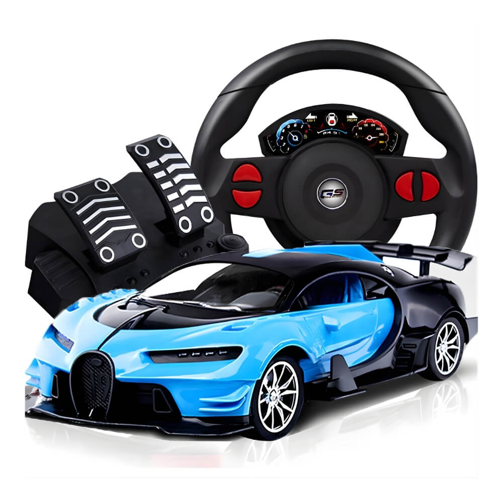 Masinuta cu telecomanda, Model Bugatti Chiron, Set cu pedale si volan, Design Sportiv, Jucarie Cadou Ideal pentru Copii si Adulti +5 ani, Albastru