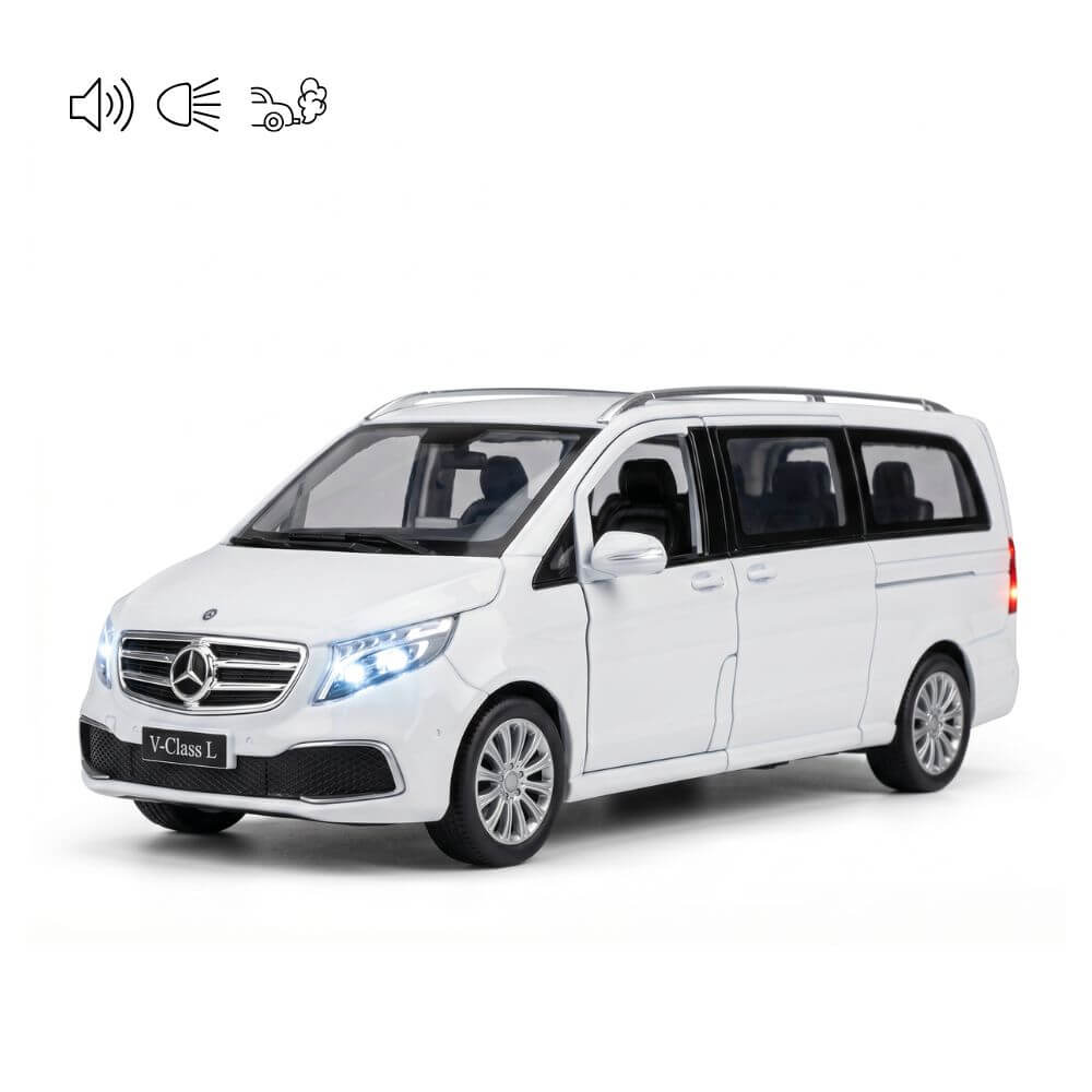 Masinuta Metalica Mercedes Vito, Scara 1:24, Usi si Portbagaj Mobile, Lumini Xenon, Sunete Claxon, Cadou Baiat, Alb