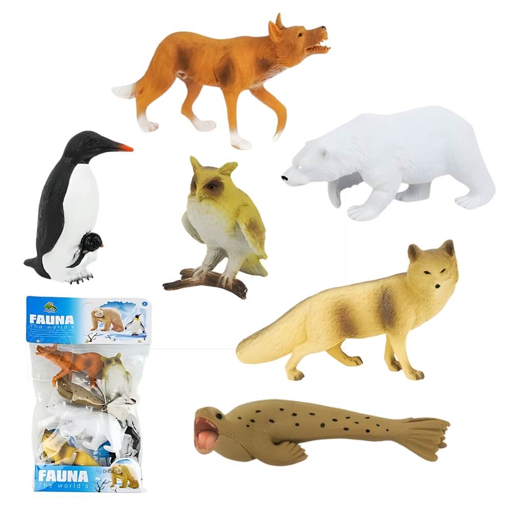 Figurine 6 piese mix animale exotice polare, Urs polar, Bufnita Polara, Foca, Pinguin, Vulpe roscata, 14 cm diagonala, multicolor