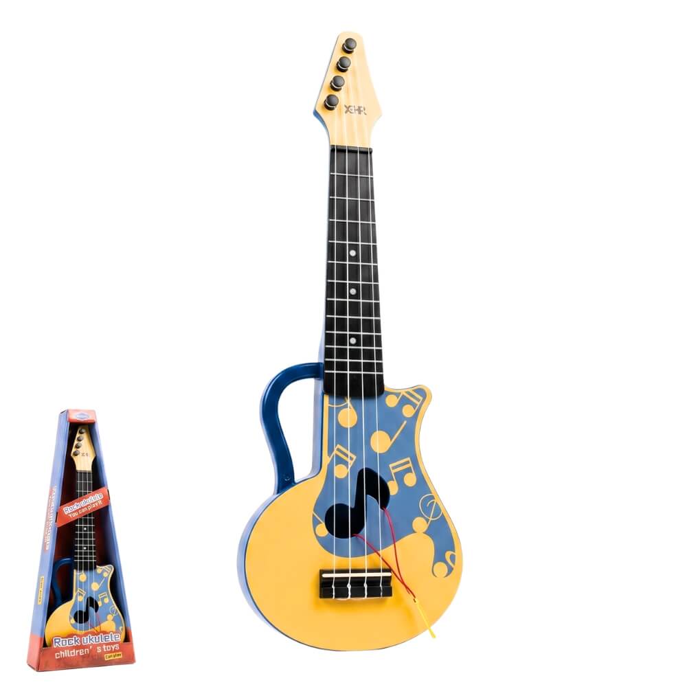 Chitara de Jucarie pentru Copii, Ukulele 4 Corzi, 45 cm, Instrument Muzical Educativ, Cadou pentru Baieti si Fete, Albastru-Bej