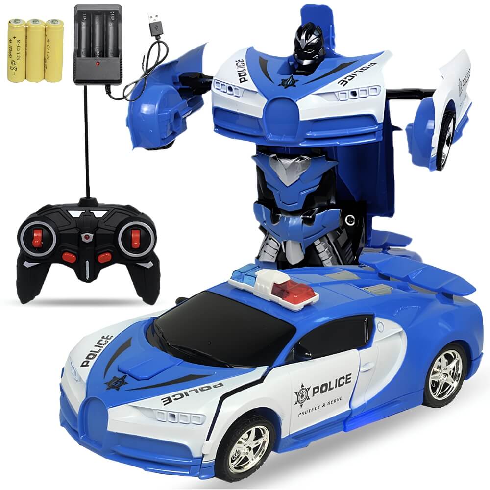 Masinuta de politie cu telecomanda, transformare automata in robot, lumini si sunete, 24 cm, jucarie interactiva pentru copii, Alb/Albastru