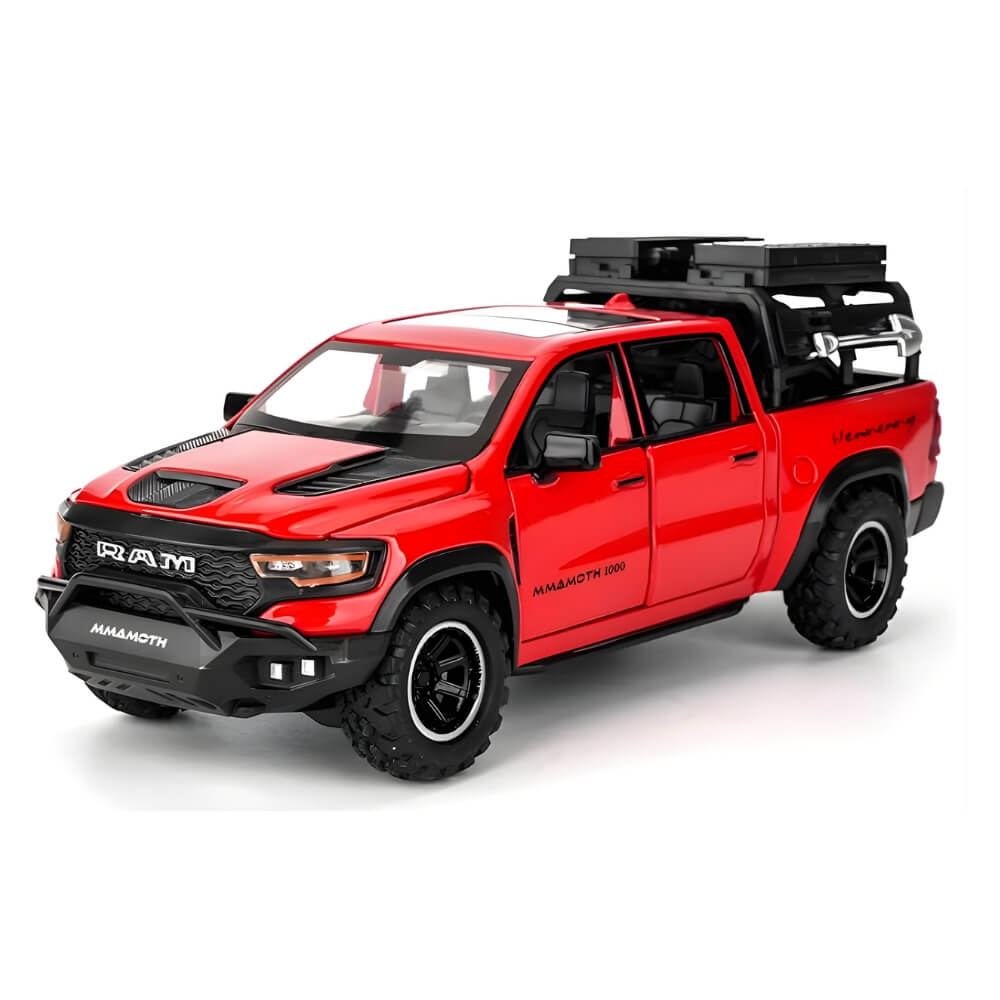 Masinuta Metalica Dodge RAM TRX Mammoth 1000, Scara 1:32, Usi Mobile, Functie Pull-Back, Negru/Rosu
