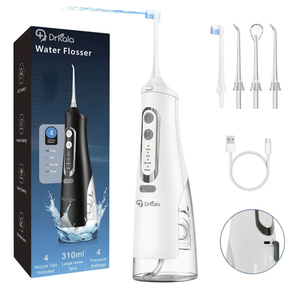 Irigator Bucal Profesional, DrKala®, Dus Bucal Portabil, 1600-1999 pulsatii/min, 4 Moduri, Memorie, Rezervor 310ml, 4 Duze, Alb