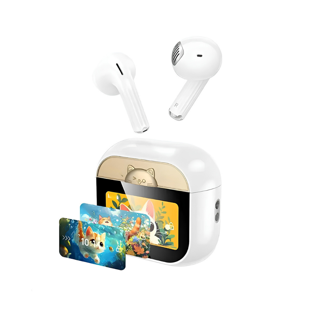 Căști Wireless Bluetooth 5.4 cu Display Smart, Microfon Încorporat, Căști Fără Fir pentru Android și iOS, Control Tactil, Încărcare Type-C, Alb