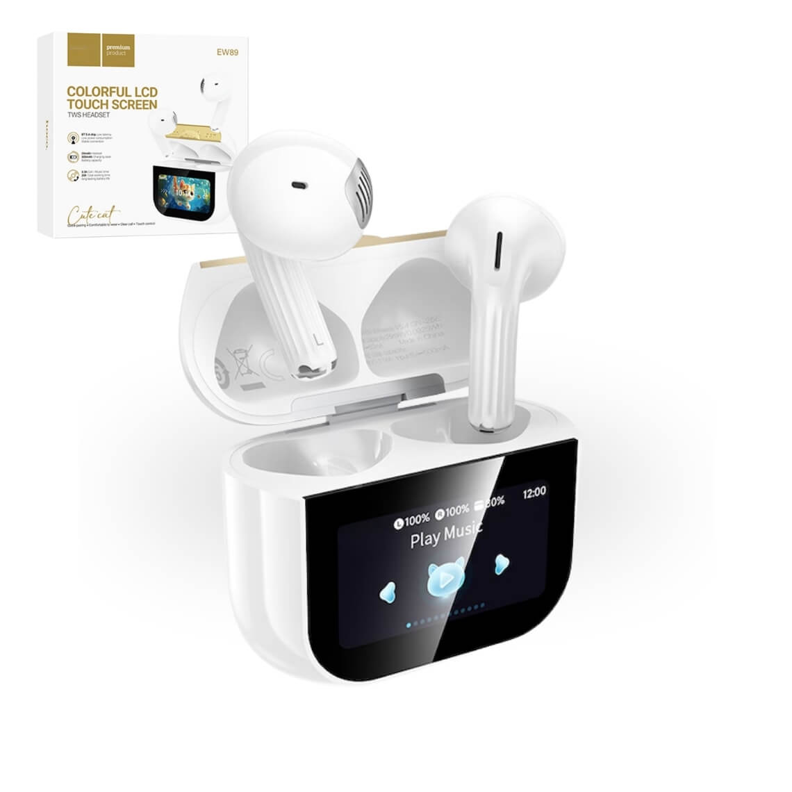 Casti Wireless Bluetooth 5.4 cu Display, Microfon Incorporat, Casti Fara Fir pentru Android si iOS, Control Tactil, Incarcare Type-C, Alb.