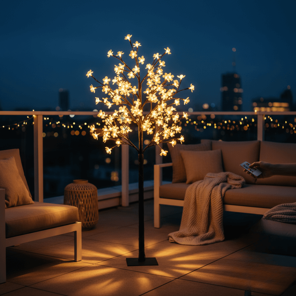 Pom Decorativ cu LED-uri și Telecomandă, Lumini Calde, Design cu Flori pentru Interior și Exterior, 125 cm