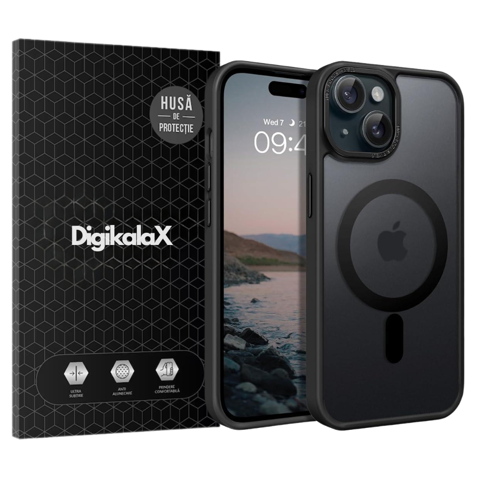 Husa de Protectie DigikalaX@, Compatibila Apple iPhone 15, MagSafe, Negru