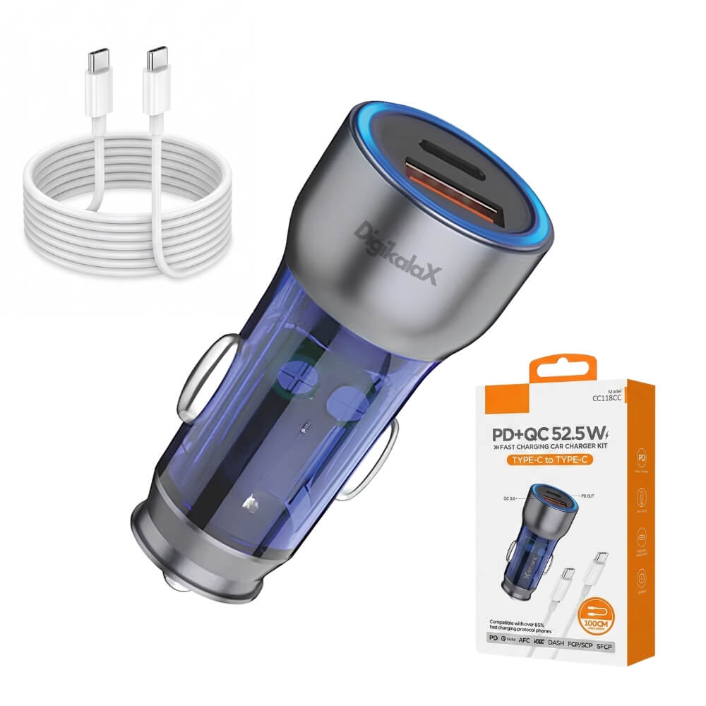 Incarcator Auto 52.5W USB-C PD 30W + USB-A QC 22.5W cu Cablu USB-C la USB-C 1m, Fast Charging, Incarcare Rapida Telefon, Tableta, Compact, Albastru/Gri