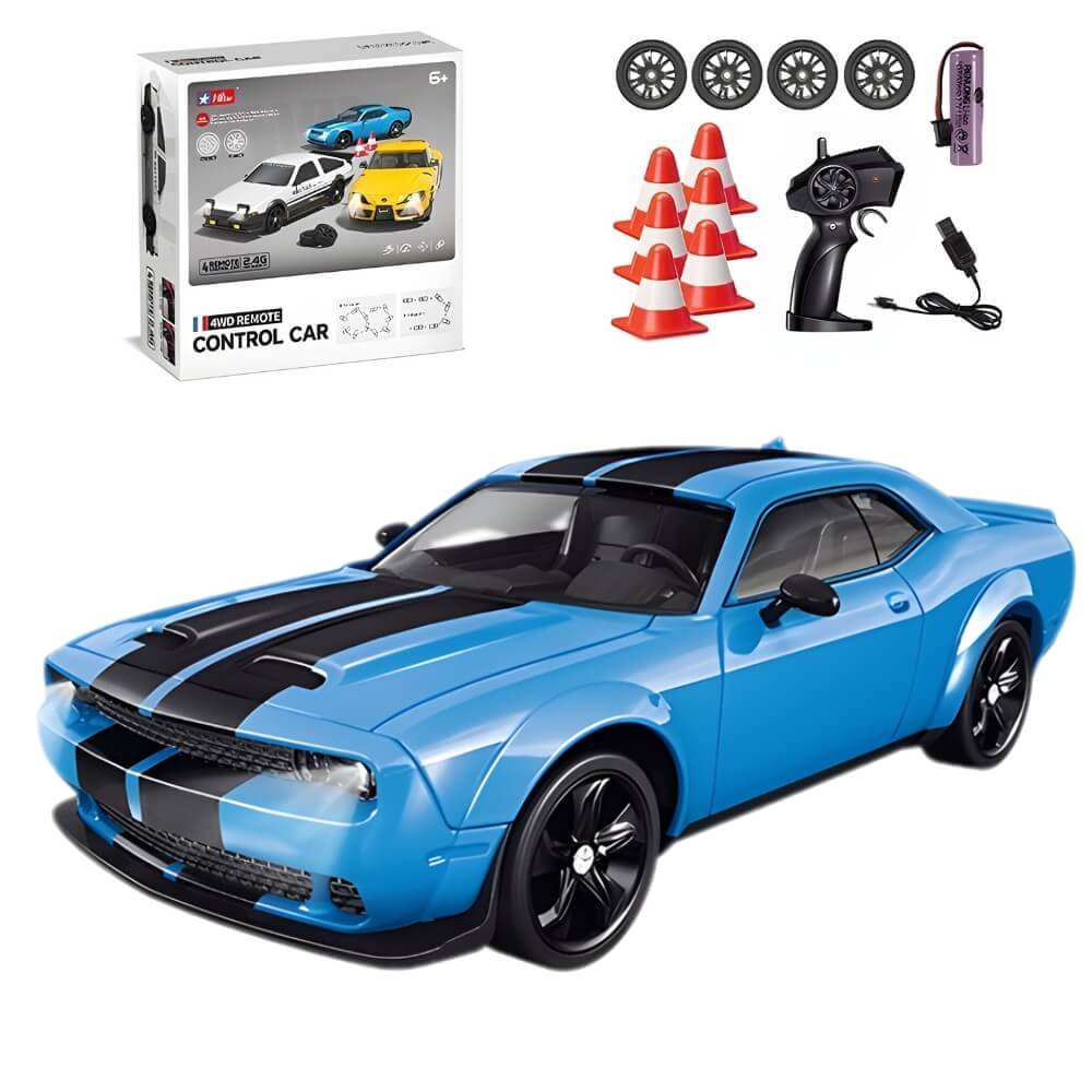 Masinuta cu Telecomanda, RC Drift Car, 1:24, 2.4GHz, Tractiune Integrala, 2 Seturi Anvelope (Speed & Drift), Obstacole Incluse, Baterie Reincarcabila, Albastru