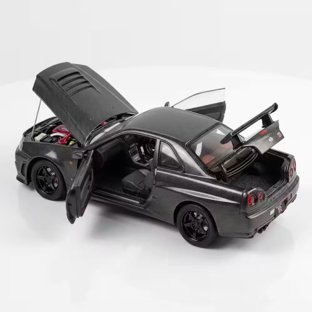 Masinuta Metalica Nissan Skyline GT-R, Scara 1:24, Usi, Capota si Portbagaj Functionale, Lumini si Efecte Sonore, Model Die-Cast, Cadou pentru Baieti si Colectionari, Negru