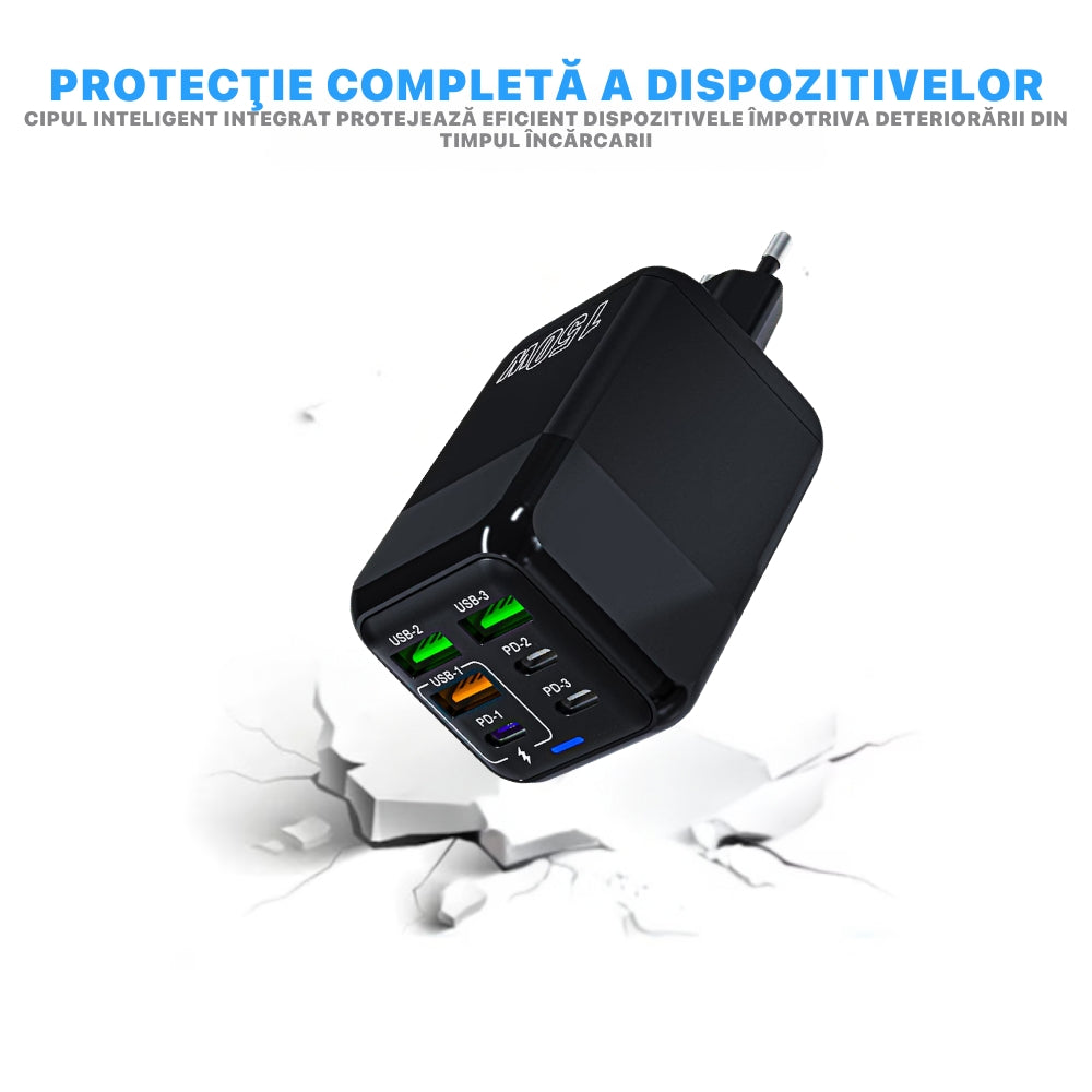 Incarcator Adaptor Retea, 6 porturi, 3 x USB, 3 x Type-C, 150W Fast Charge, LED, Negru