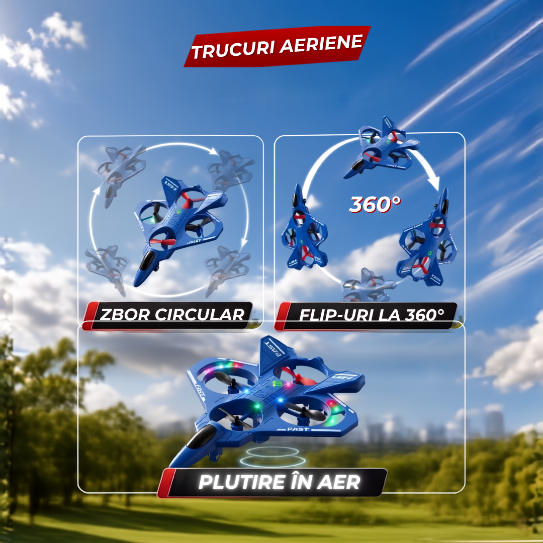 Dronă Tip Avion de Luptă Cvadrocopter, Telecomandă 2.4 GHz, Acrobații 360°, Zbor 100m, Iluminare LED, Material EPP Super-Rezistent, Albastru