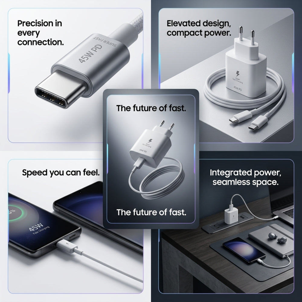 Incarcator Rapid 45W USB-C Fast Charge + Cablu Type-C 1m, Super Fast Charging, Compatibil Iphone, Samsung Galaxy S24 Ultra/S23 Ultra/S22/Note20, Huawei, Xiaomi, Android, Alb