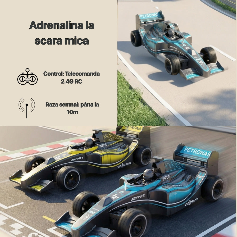 Mașină cu telecomandă RC 1:18, Model Formula 1, Curse și Viteză 10 km/h, Jucărie RC pentru copii 6+ ani, Negru/Albastru