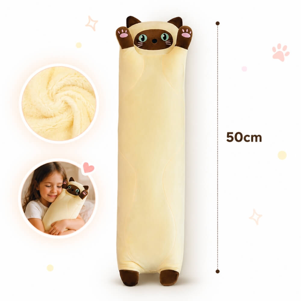Jucarie de Plus Pisica Lunga, Tip Perna, Moale, Pufoasa si Confortabila, 50 cm, Crem-Maro