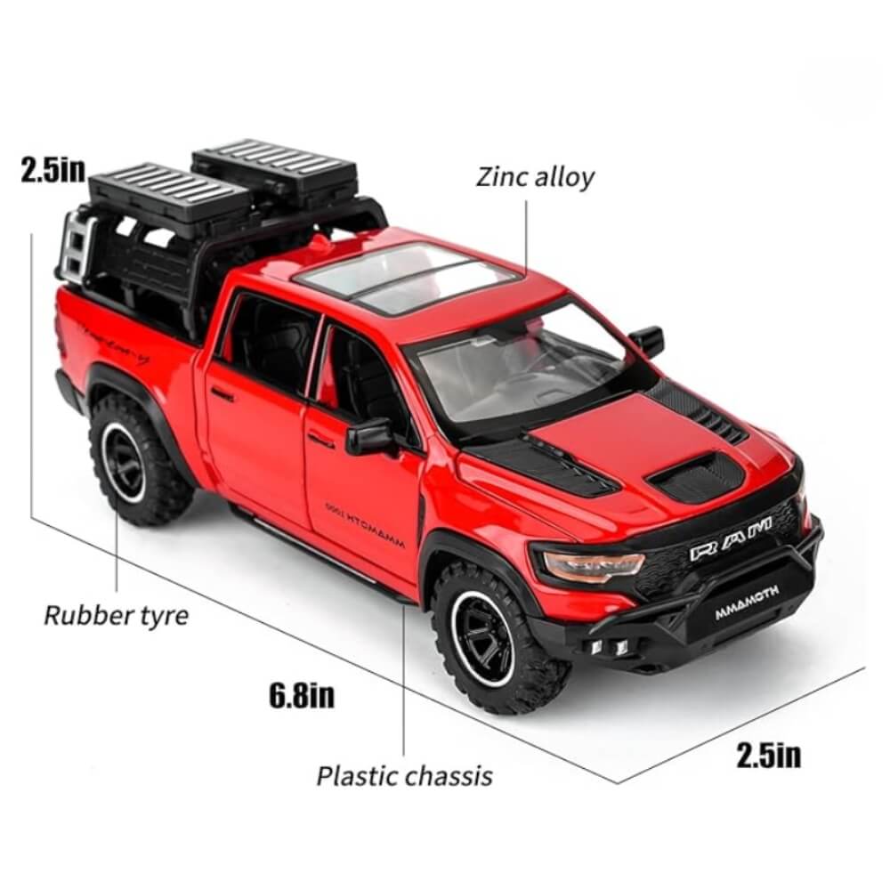 Masinuta Metalica Dodge RAM TRX Mammoth 1000, Scara 1:32, Usi Mobile, Functie Pull-Back, Negru/Rosu