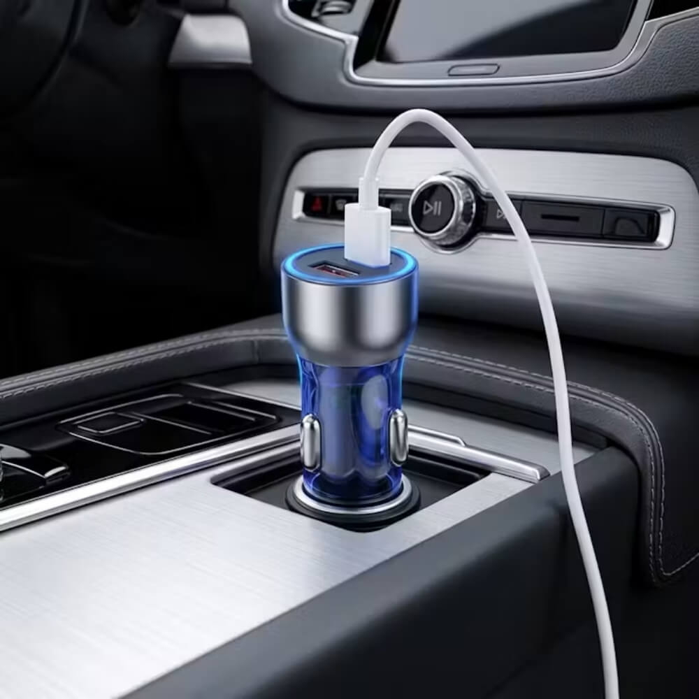 Incarcator Auto 52.5W USB-C PD 30W + USB-A QC 22.5W cu Cablu USB-C la USB-C 1m, Fast Charging, Incarcare Rapida Telefon, Tableta, Compact, Albastru/Gri