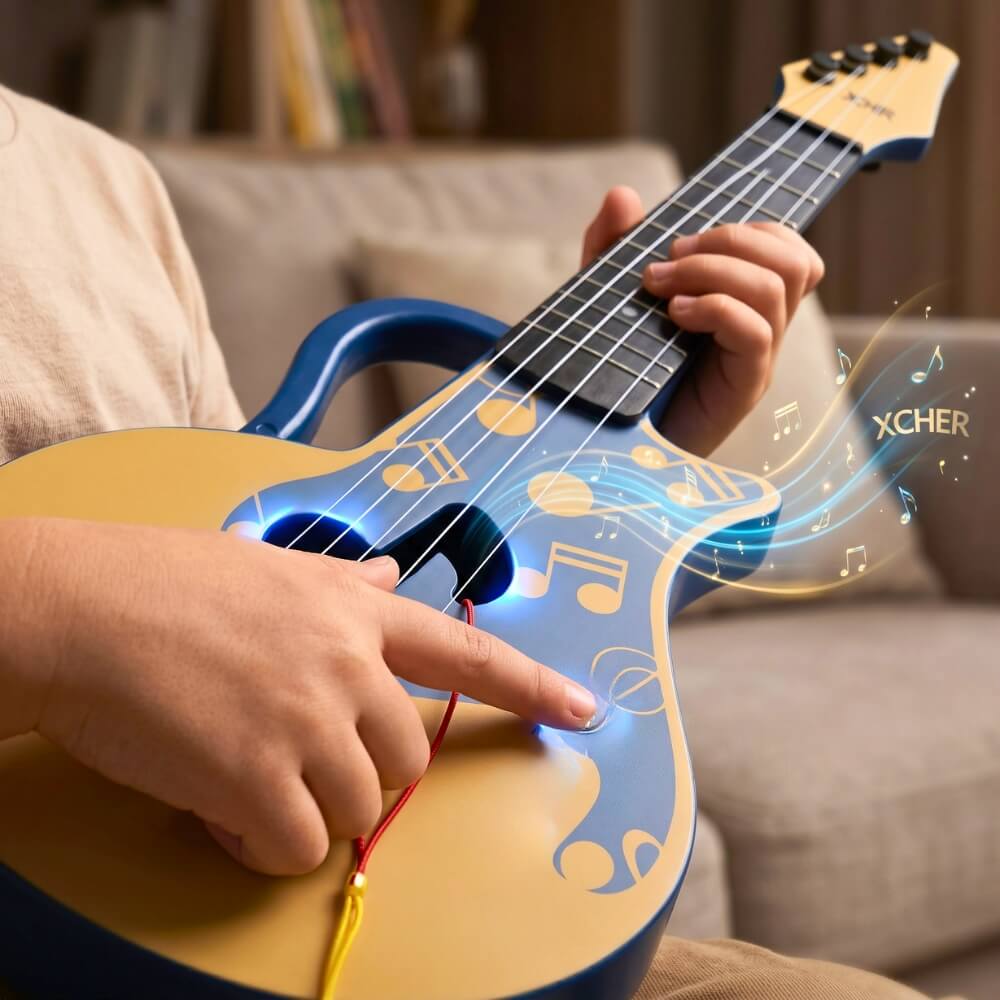 Chitara de Jucarie pentru Copii, Ukulele 4 Corzi, 45 cm, Instrument Muzical Educativ, Cadou pentru Baieti si Fete, Albastru-Bej