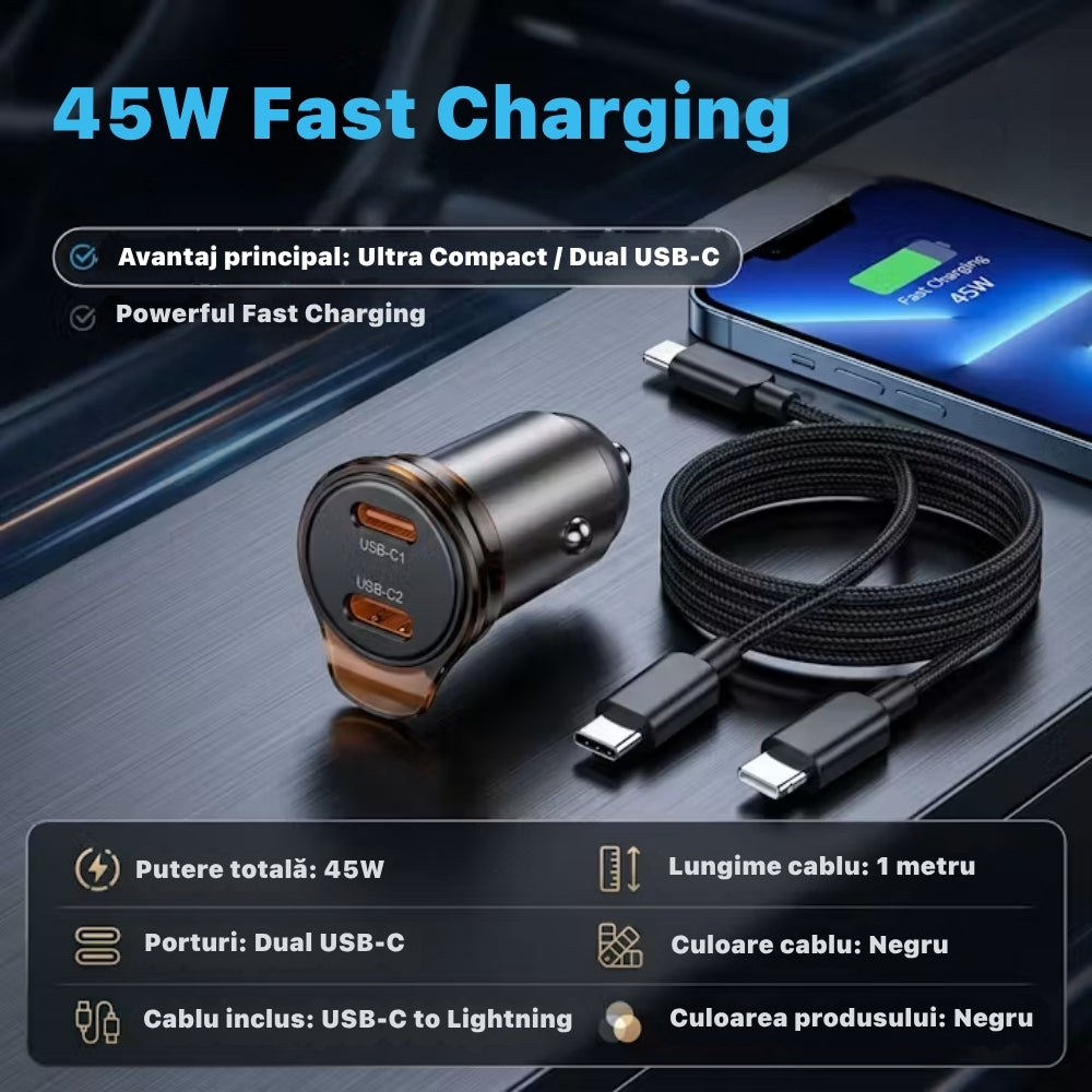 Incarcator auto NZ16B 45W Mini Size High Power PD25W & PD20w, Gri/Negru