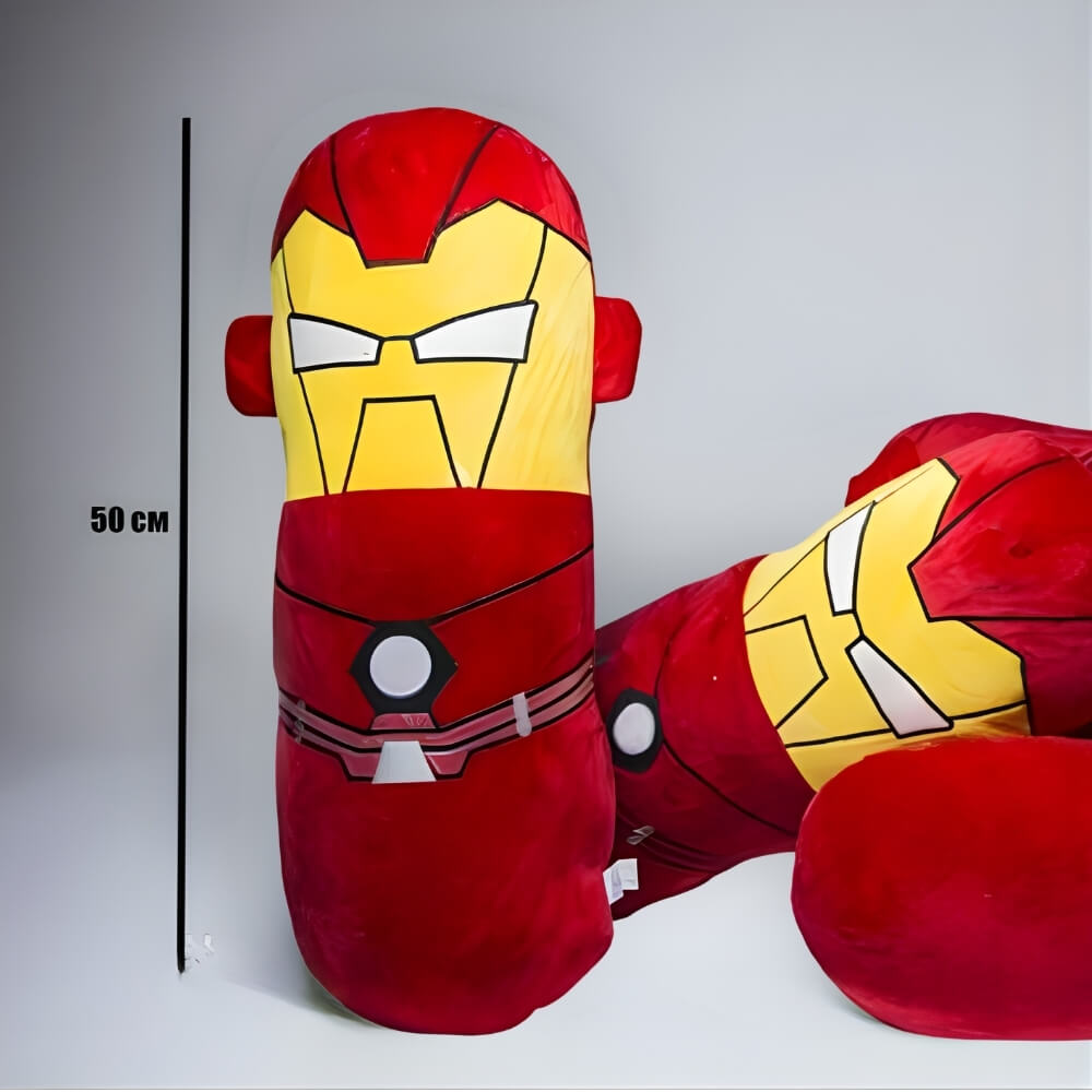 Jucarie de Plus si Perna Moale Iron Man (Omul de Fier), Marvel Avengers, 50 cm, Design Cilindric, Rosu/Galben
