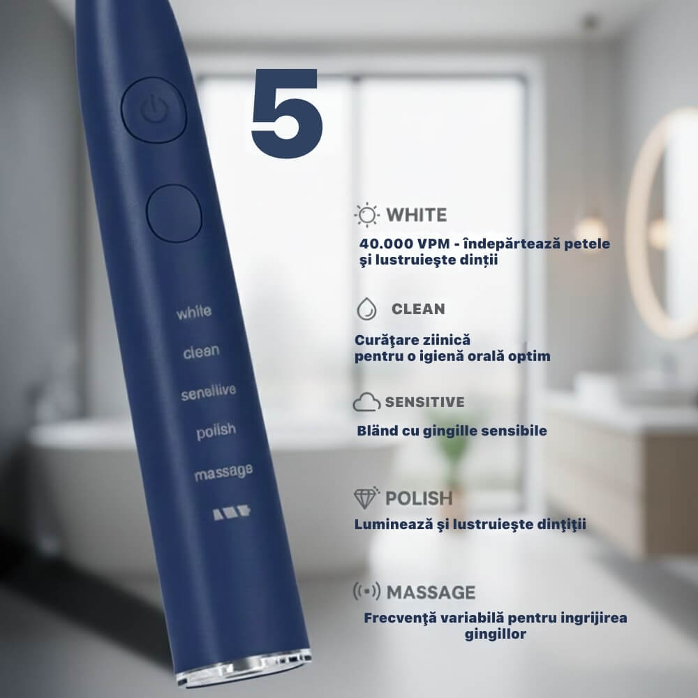 Periuta de dinti electrica, sonica, DrKala SG-540, Cu Carbune activ pentru albire, 5 Moduri, 8 Capete, pana la 42.000 vibrații/min, IPX7