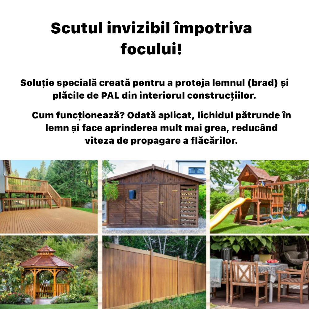 Solutie Profesionala Ignifuga ANTIFLAM O.N. 99 pentru Lemn si PAL, Garantie 5 Ani, Protectie 3 in 1 (Foc, Mucegai, Insecte), Certificat IGSU, Fabricat in Romania, 10 Kg